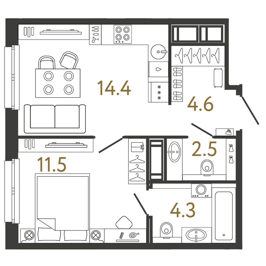 Планировка — 1к. квартира, 37.3 м²