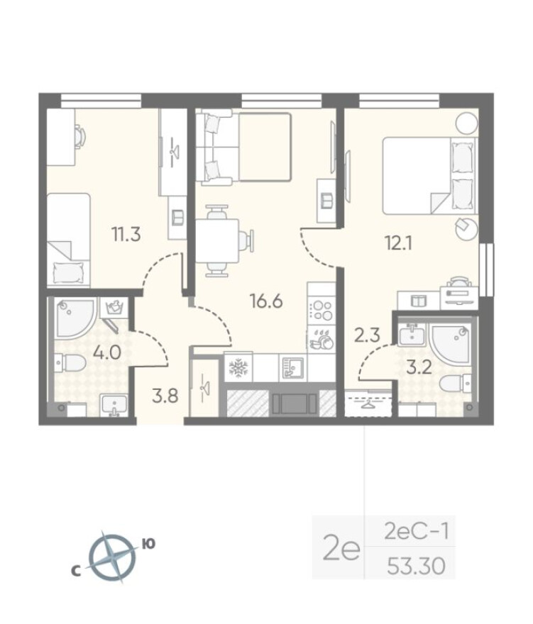 3е квартира, 53.3 м²