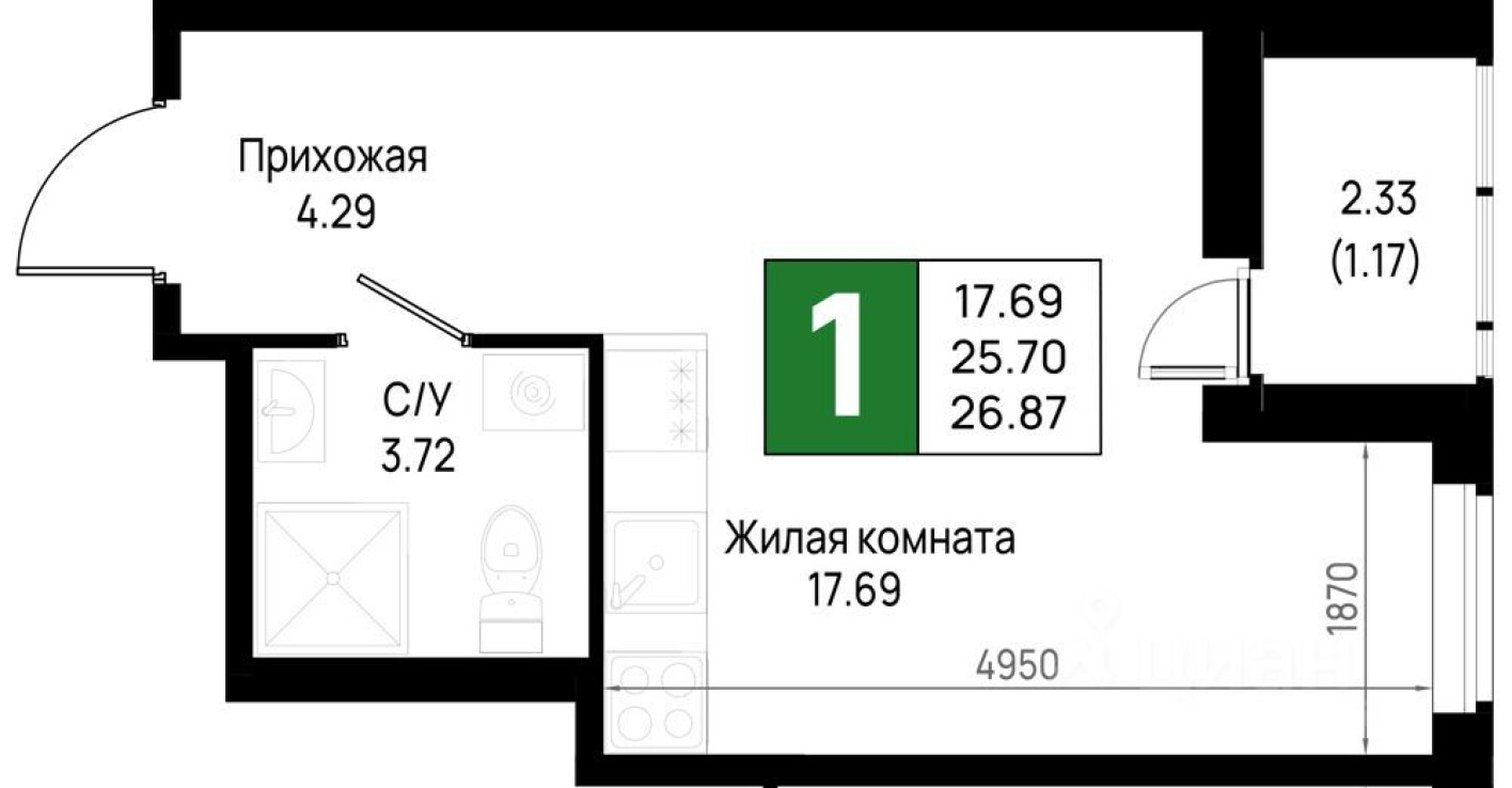1к. квартира, 26.9 м²