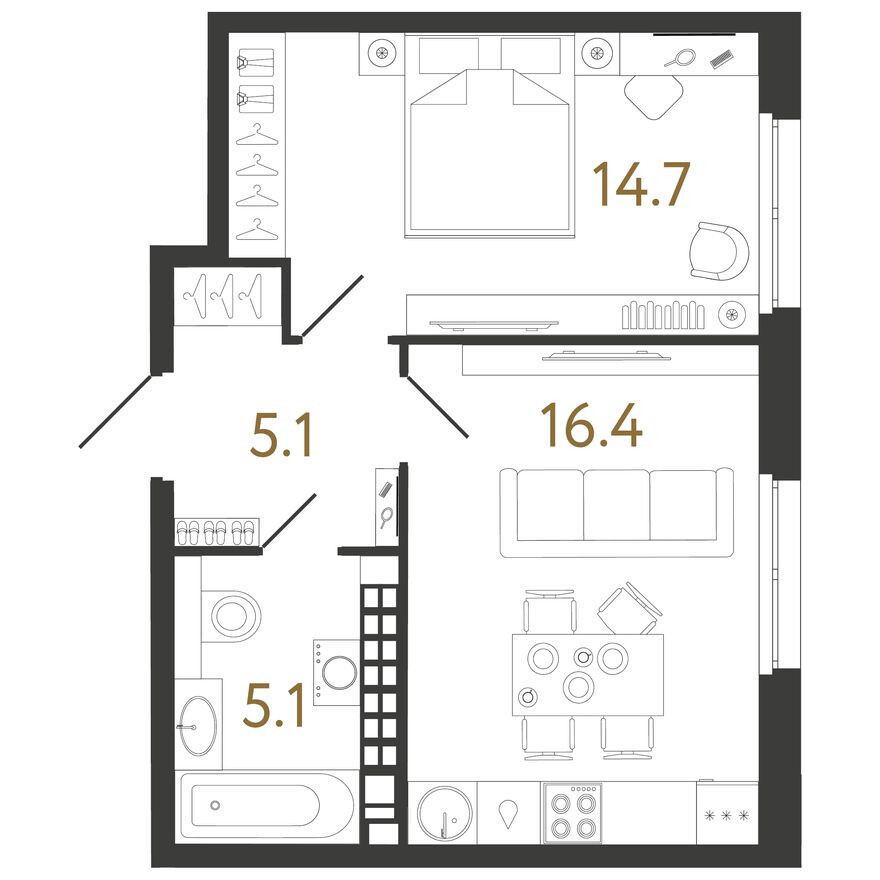 Планировка — 1к. квартира, 41.3 м²