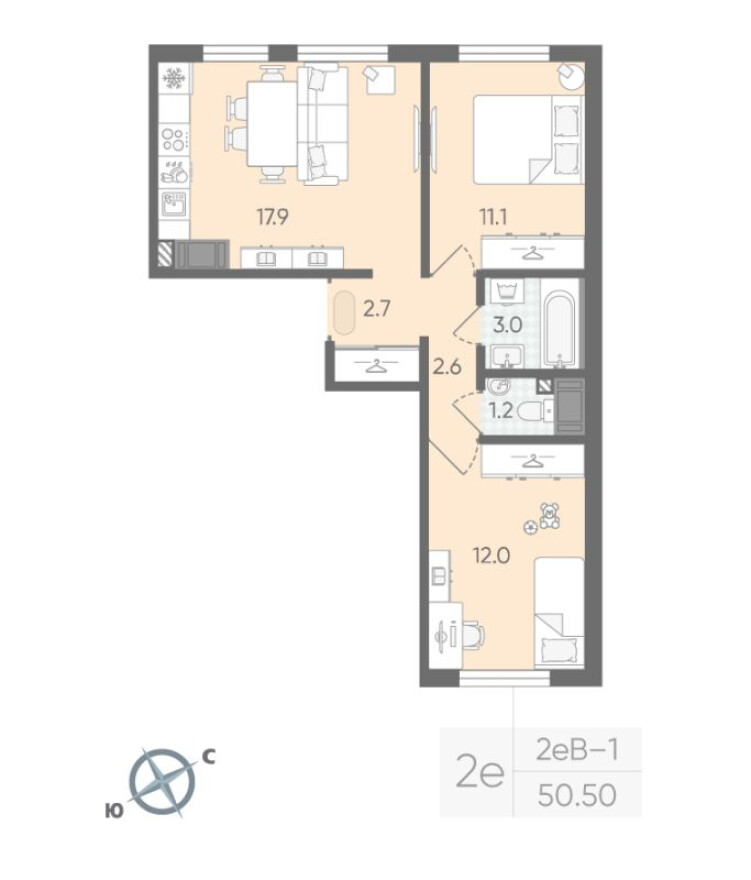 3е квартира, 50.5 м²