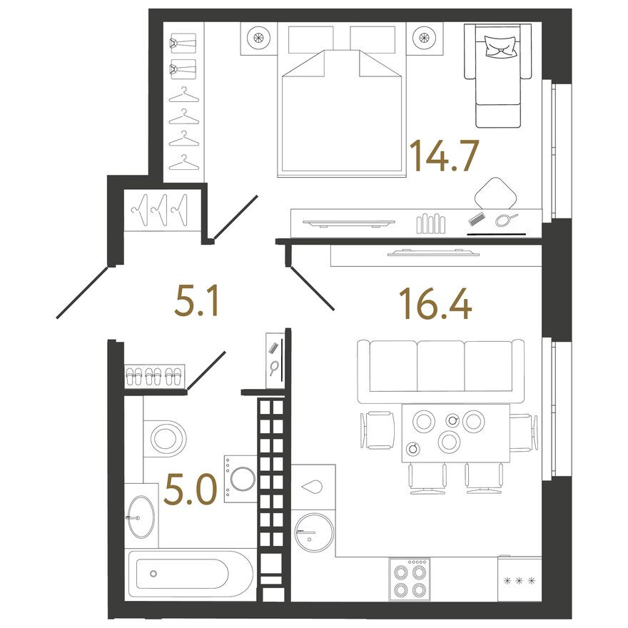 Планировка — 1к. квартира, 41.2 м²