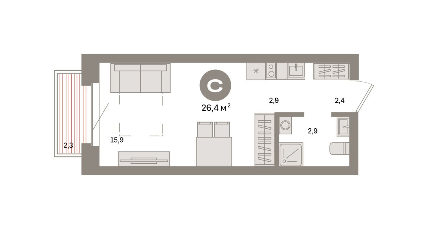 Студия-квартира, 26.4 м²