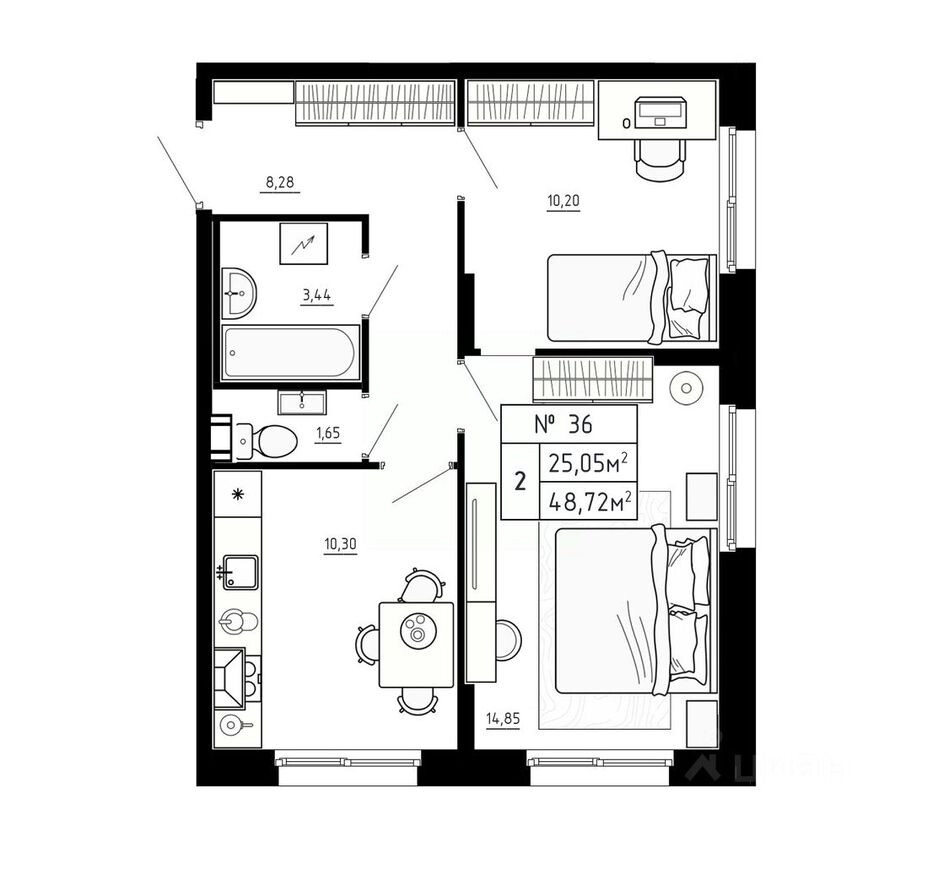2к. квартира, 48.7 м²