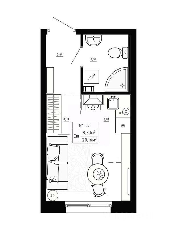 1к. квартира, 20.2 м²