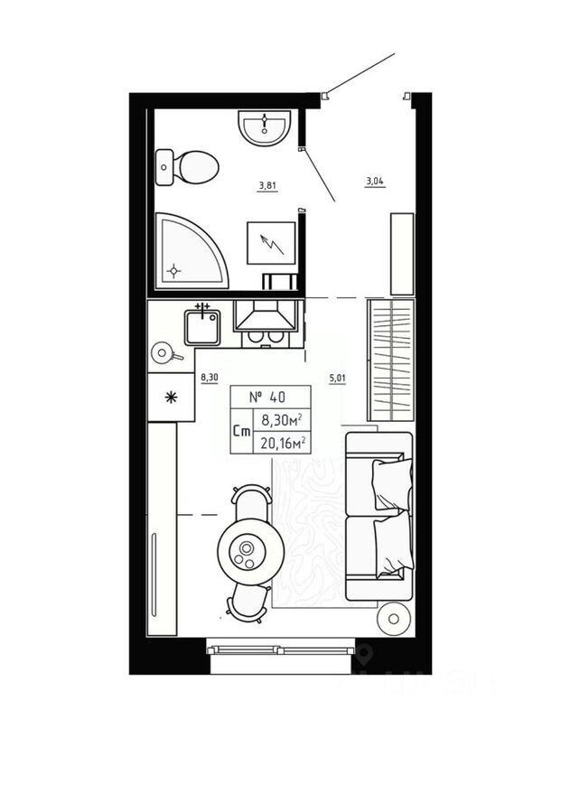 1к. квартира, 20.1 м²
