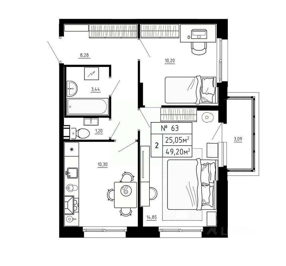 2к. квартира, 49.2 м²