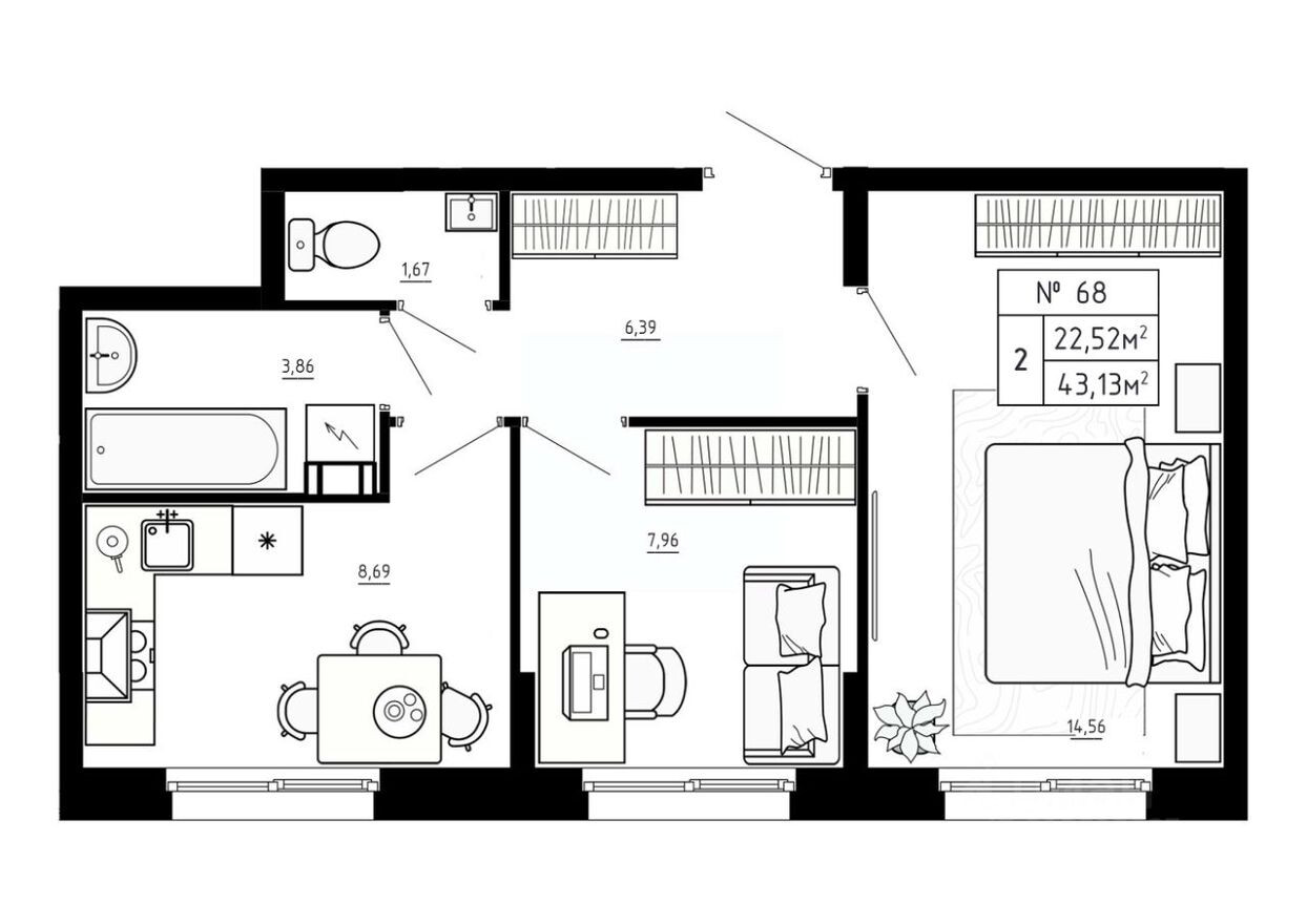 2к. квартира, 43.1 м²