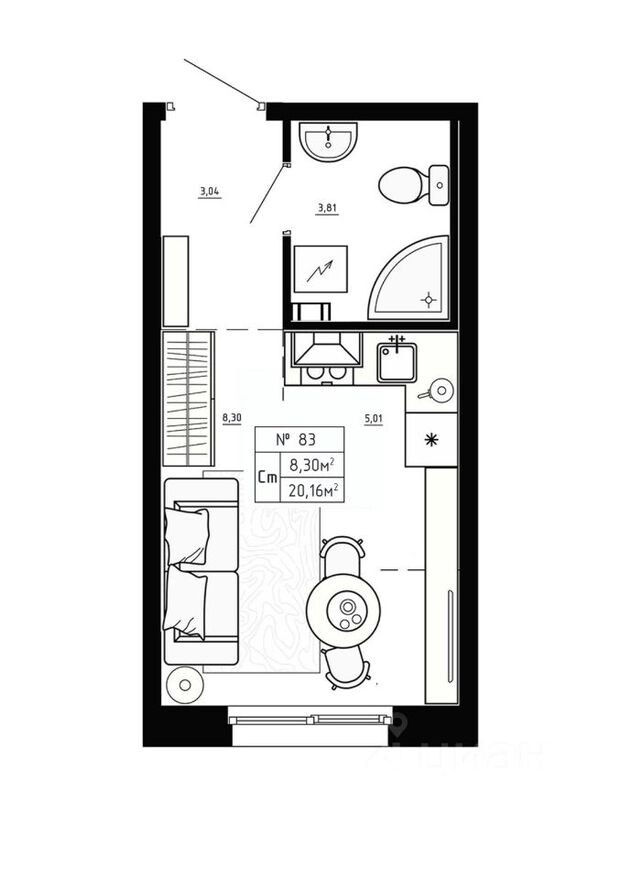 1к. квартира, 20.2 м²