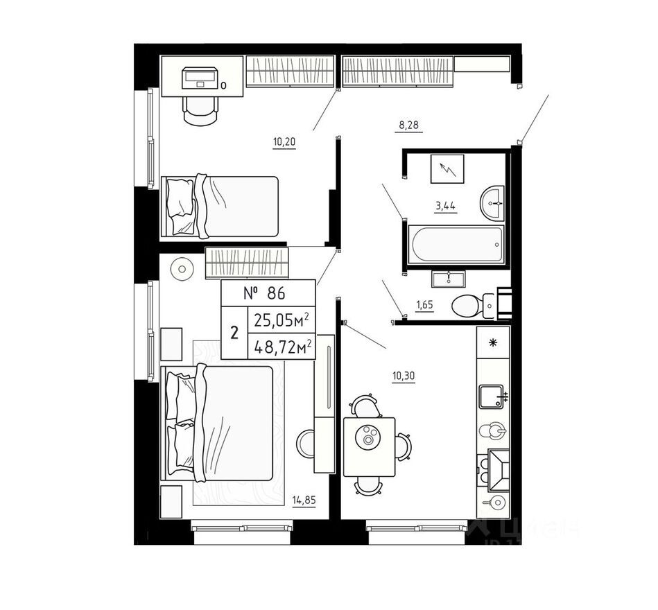 2к. квартира, 48.7 м²