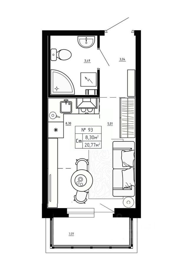 1к. квартира, 20.8 м²