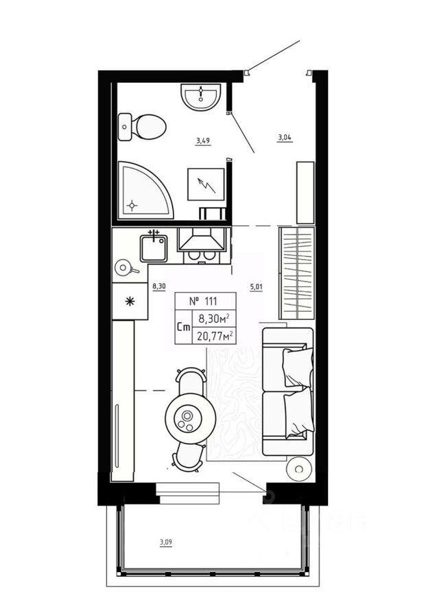 1к. квартира, 20.8 м²