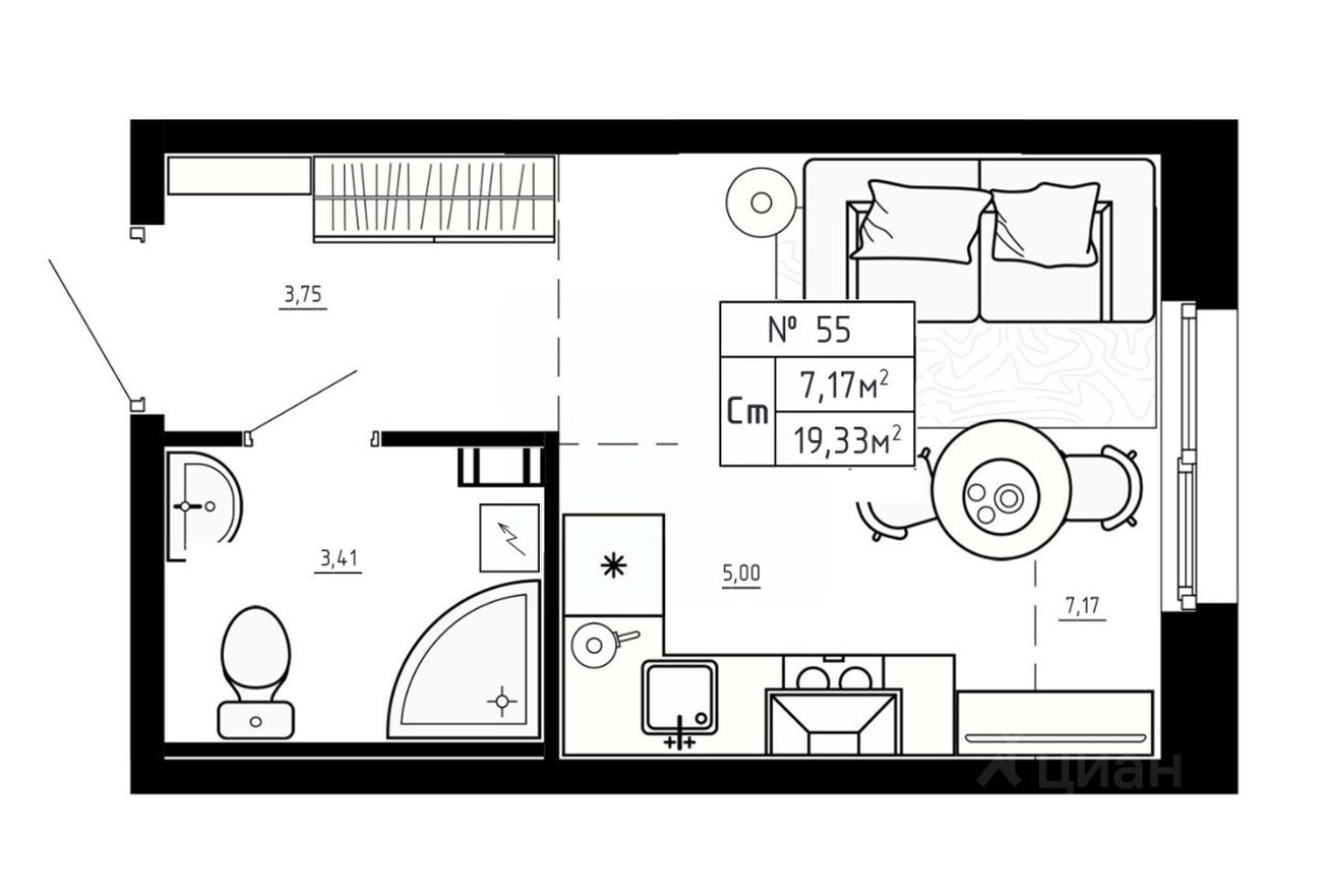 1к. квартира, 19.3 м²