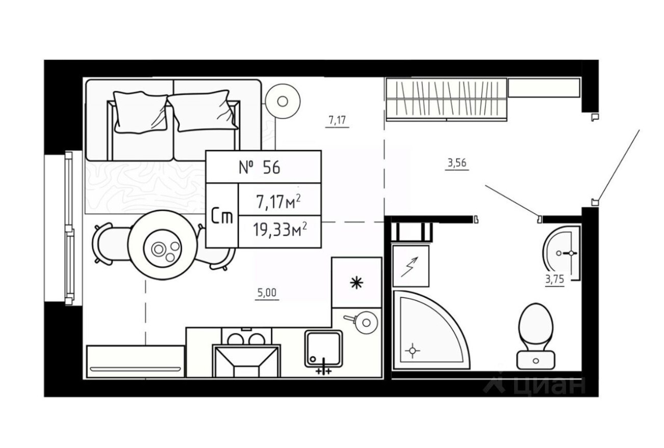 1к. квартира, 19.3 м²
