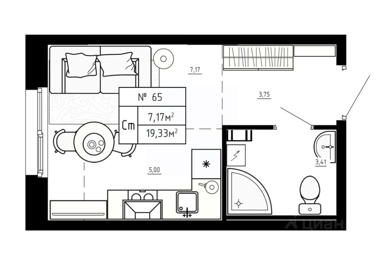 1к. квартира, 19.3 м²