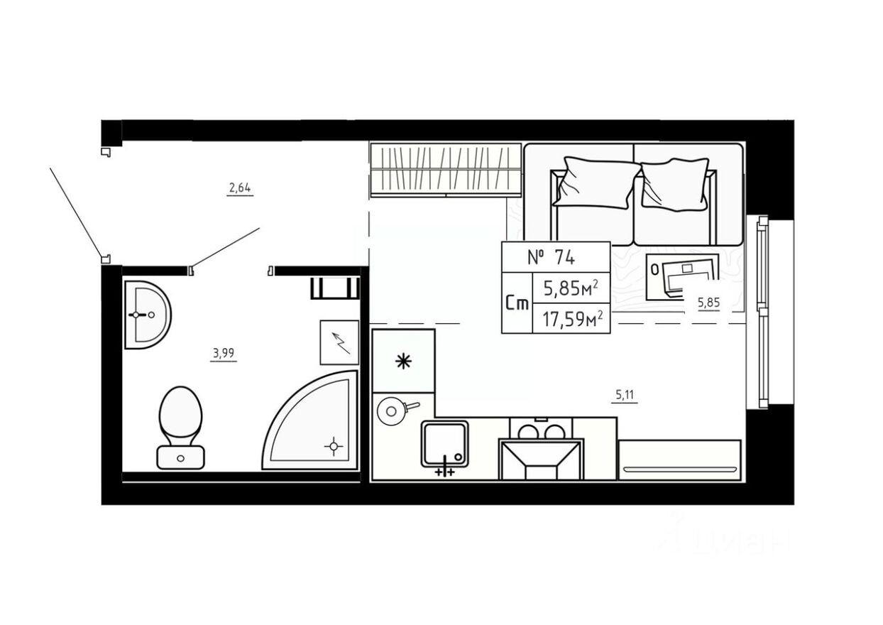 1к. квартира, 17.6 м²