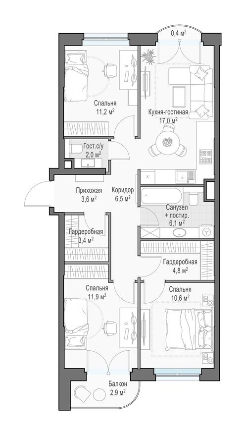 Планировка — 3к. квартира, 79.1 м²