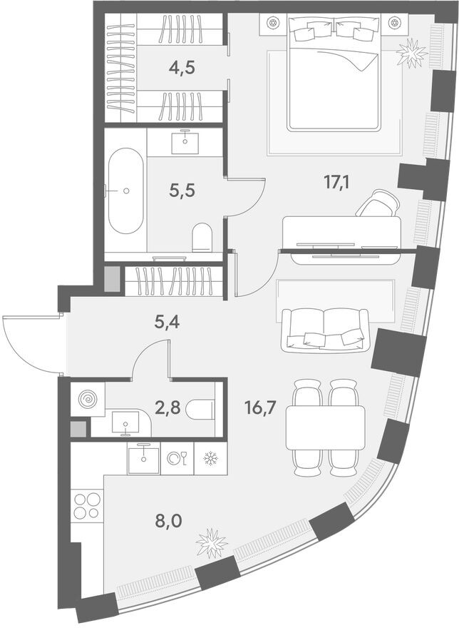 Планировка — 1к. квартира, 60.0 м²