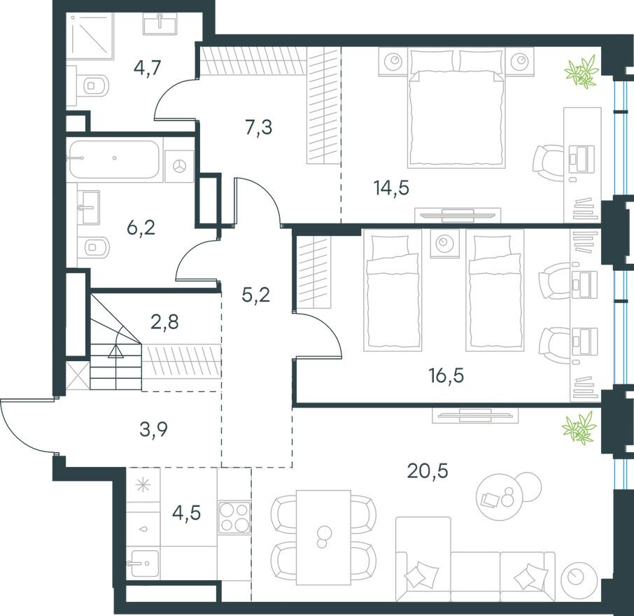Планировка — 3к. квартира, 87.4 м²