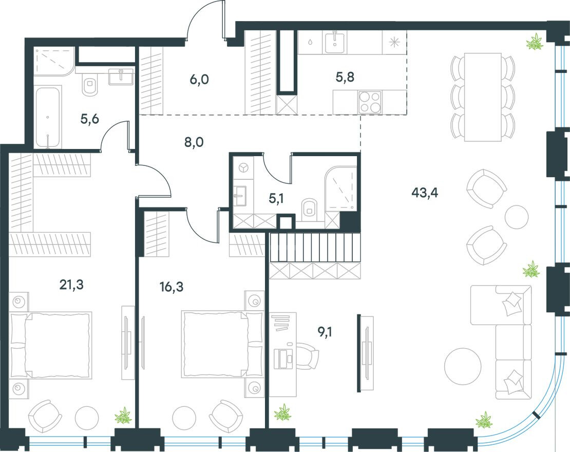 Планировка — 4к. квартира, 122.4 м²