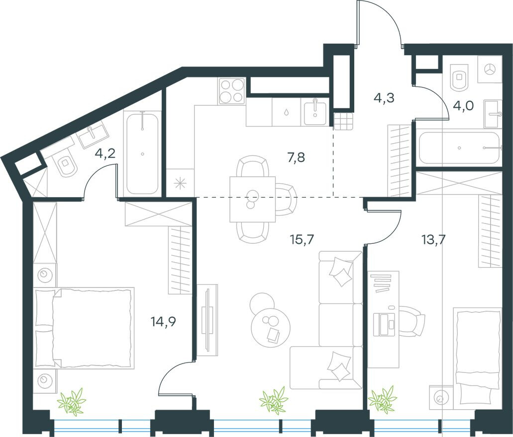 Планировка — 3к. квартира, 64.6 м²
