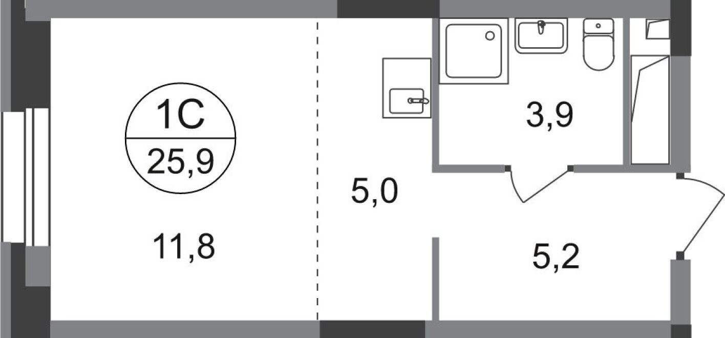 Студия-квартира, 25.9 м²