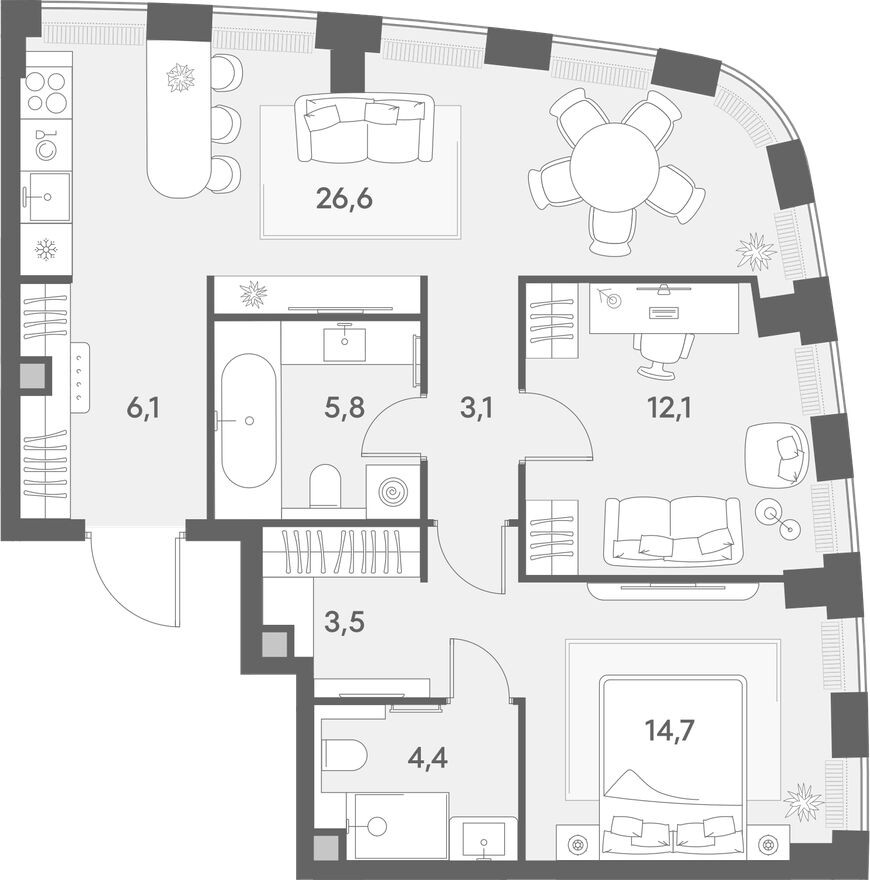 Планировка — 2к. квартира, 76.3 м²