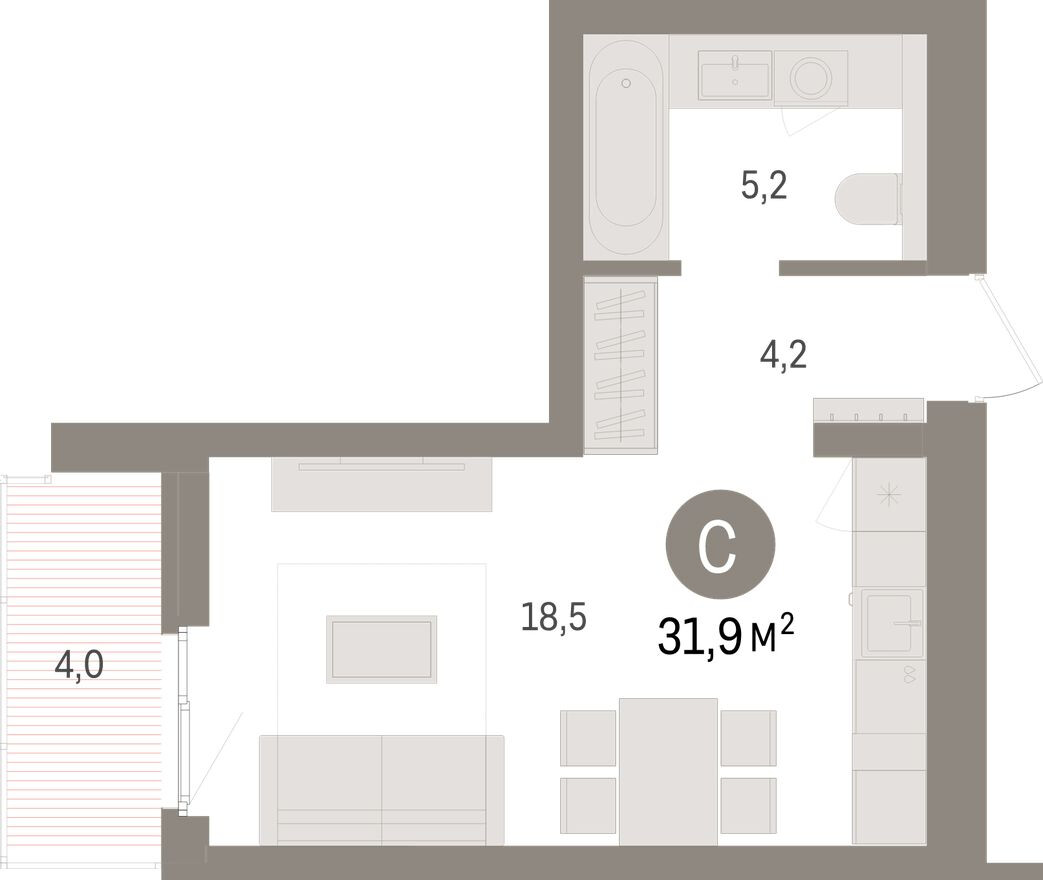 Планировка — Студия-квартира, 31.9 м²