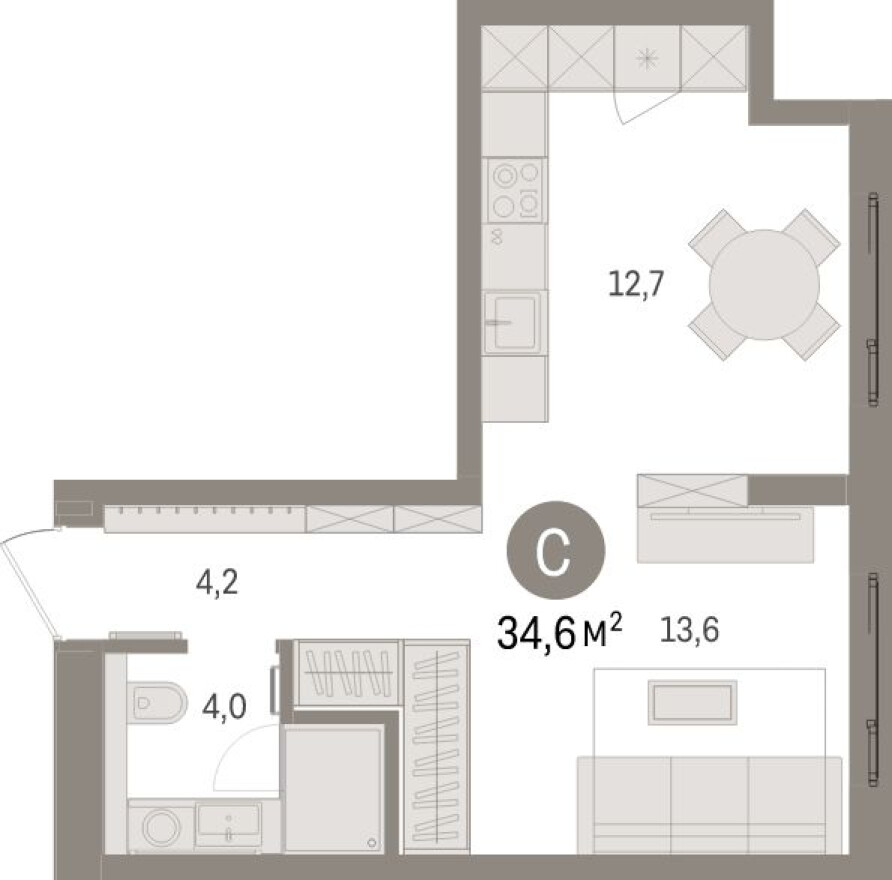 Планировка — Студия-квартира, 34.6 м²