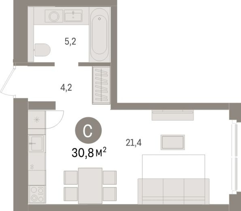 Планировка — Студия-квартира, 30.8 м²