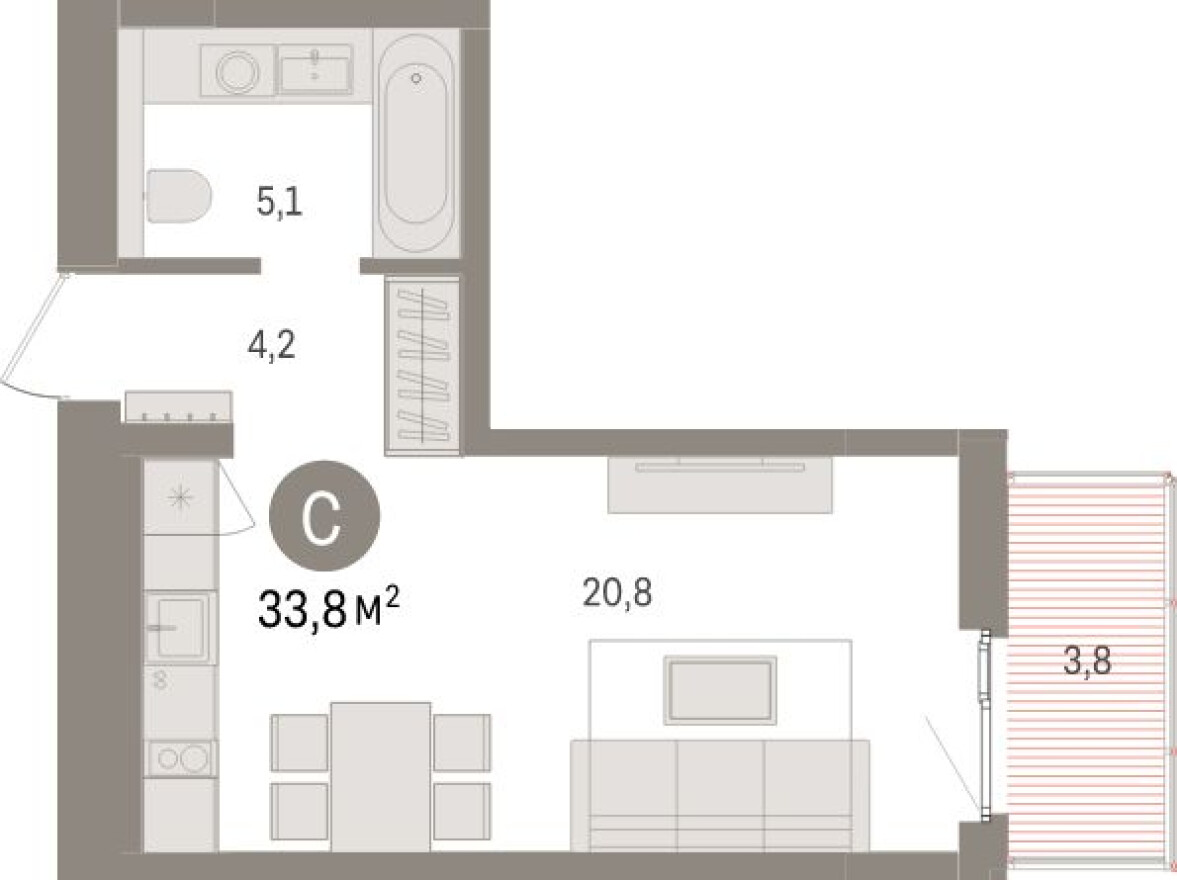 Планировка — Студия-квартира, 33.8 м²