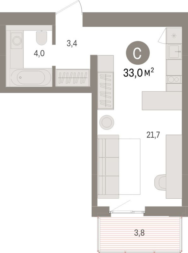 Планировка — Студия-квартира, 33.0 м²