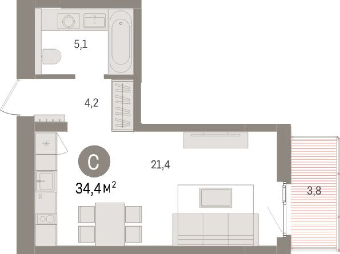 Планировка — Студия-квартира, 34.4 м²
