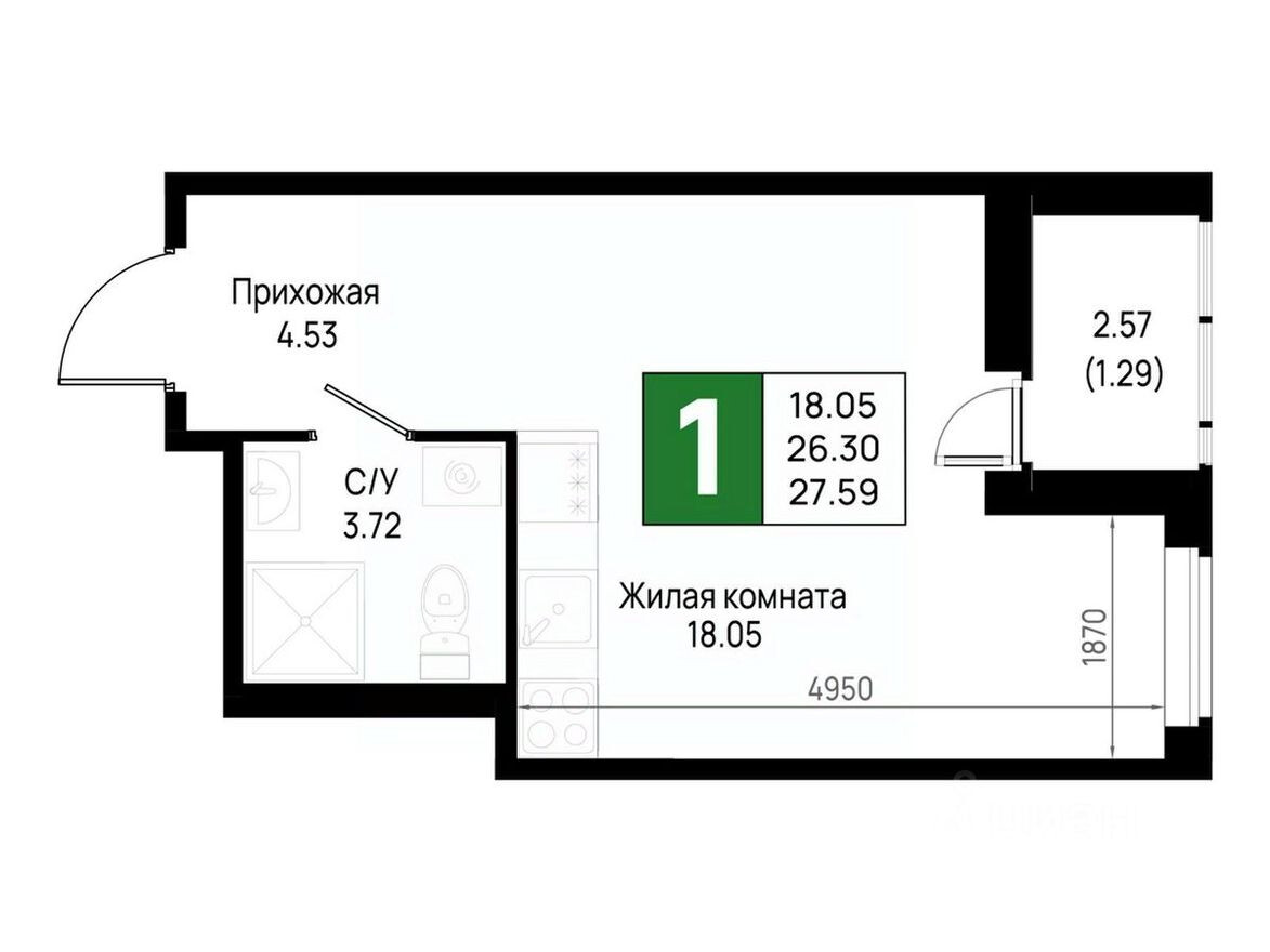 1к. квартира, 27.6 м²