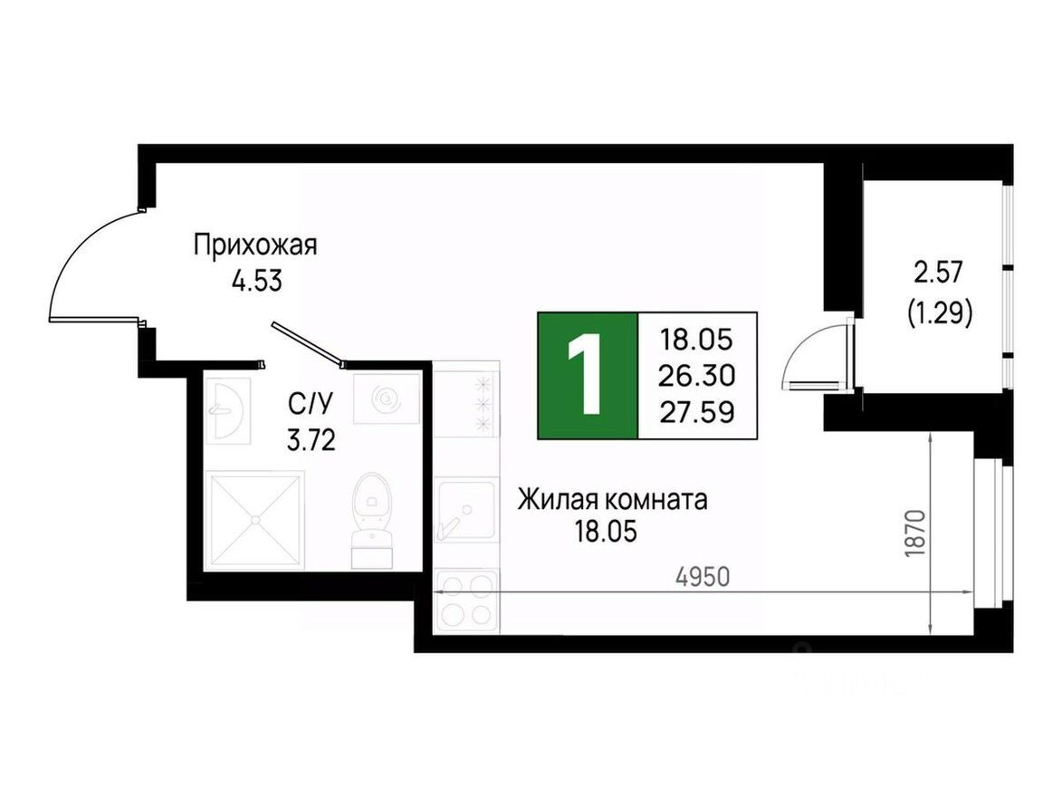 1к. квартира, 27.6 м²