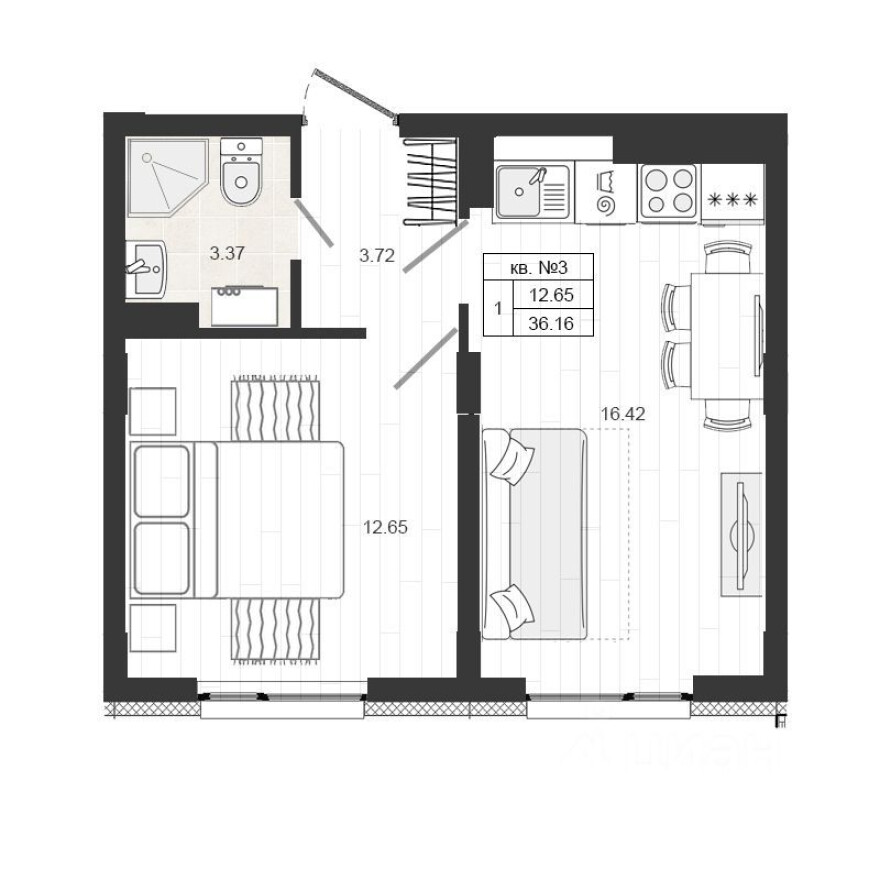 1к. квартира, 35.6 м²