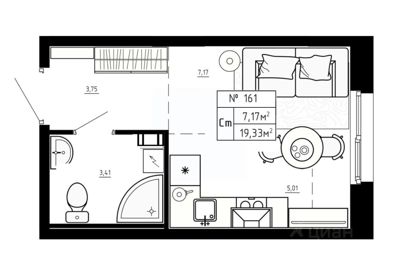1к. квартира, 19.3 м²