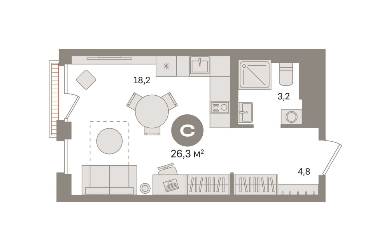 Студия-квартира, 26.3 м²