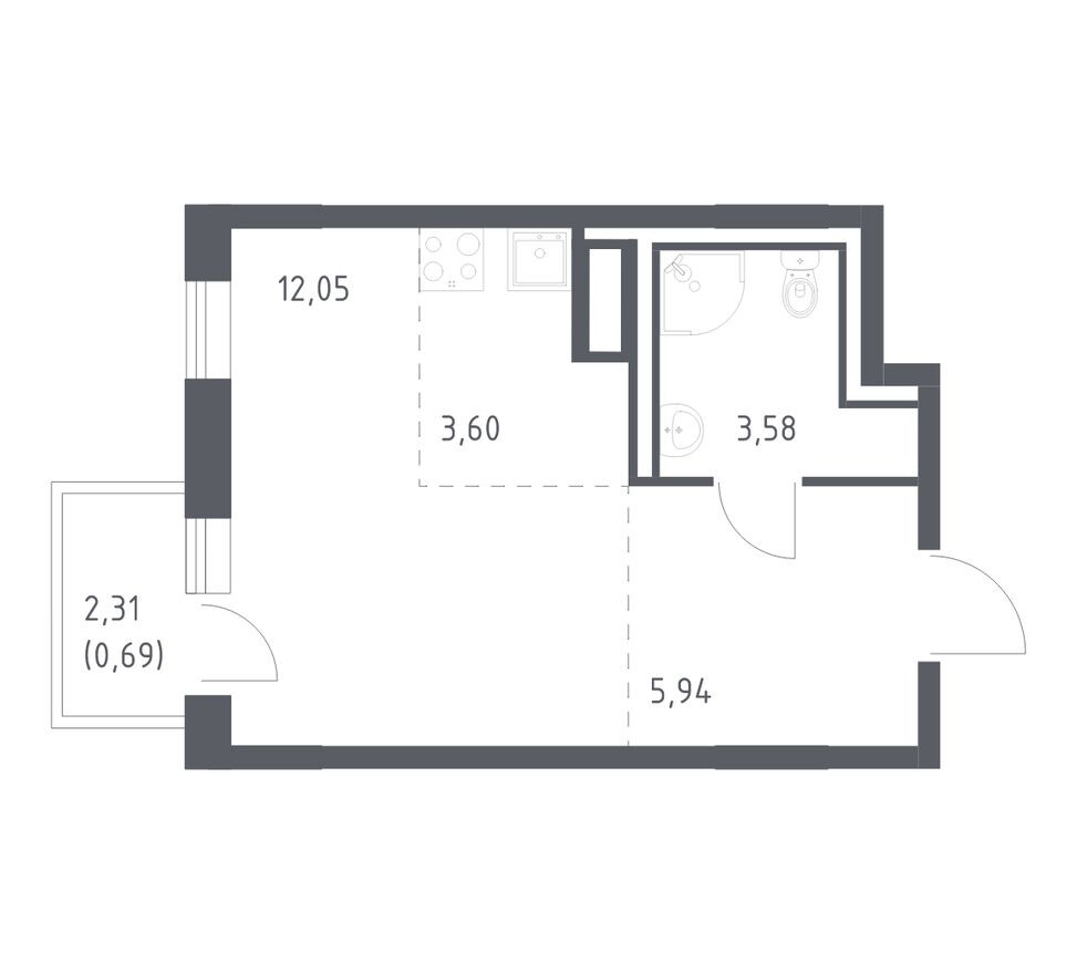 Студия-квартира, 25.9 м²