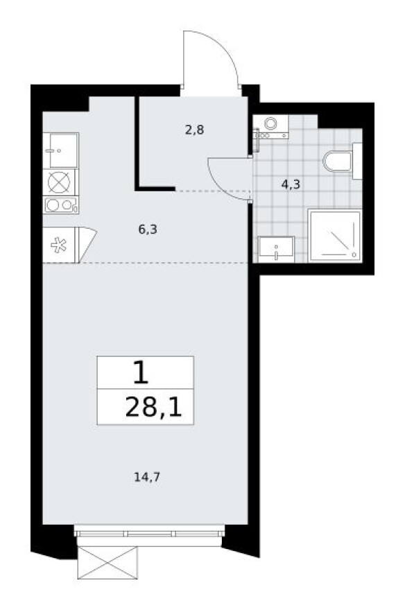 Планировка — Студия-квартира, 28.1 м²