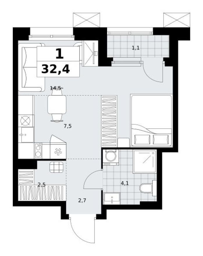 Планировка — Студия-квартира, 32.4 м²