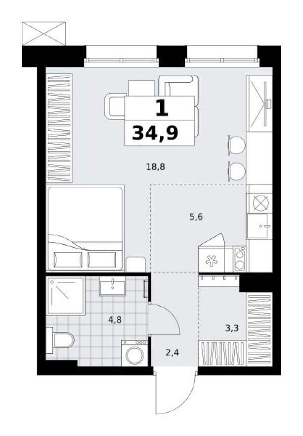 Планировка — Студия-квартира, 34.9 м²
