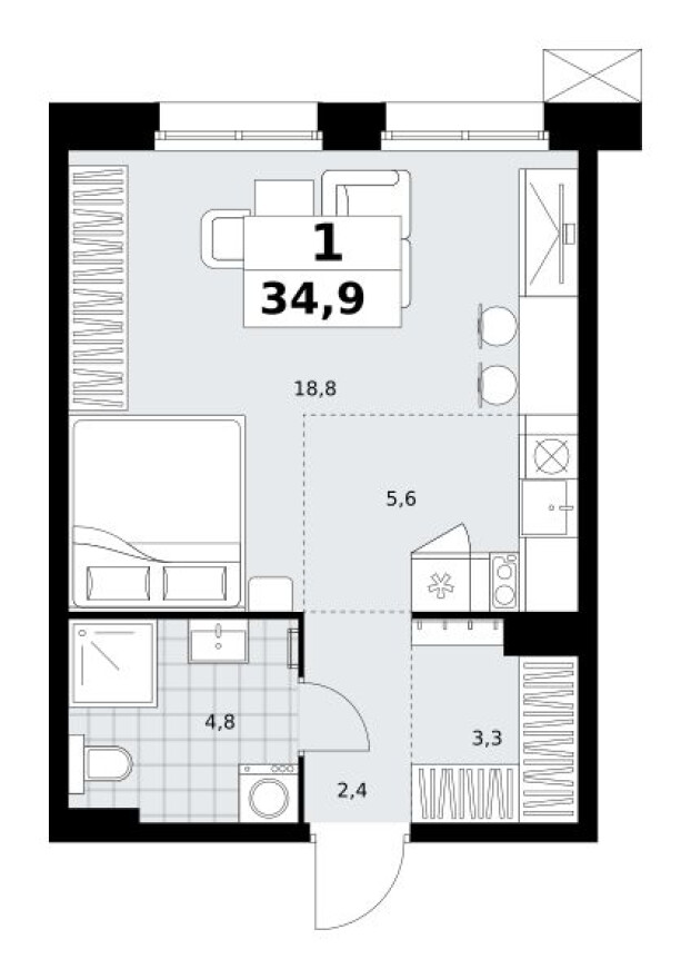 Планировка — Студия-квартира, 34.9 м²