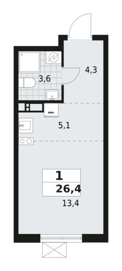 Планировка — Студия-квартира, 26.4 м²
