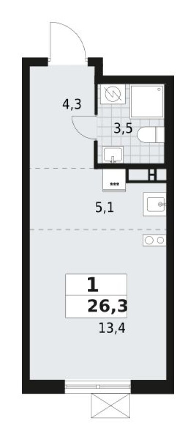 Планировка — Студия-квартира, 26.3 м²