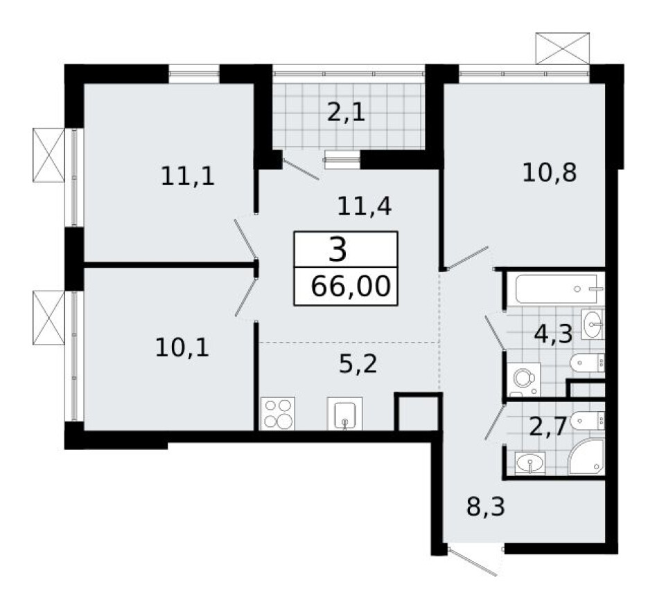 Планировка — 4к. квартира, 66.2 м²