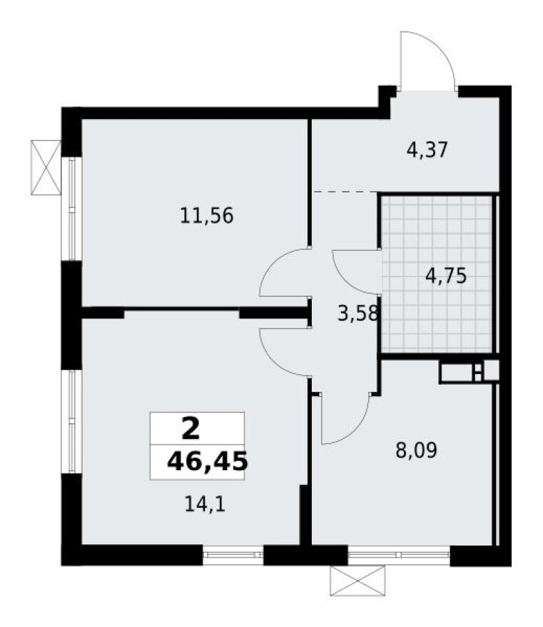 Планировка — 2к. квартира, 46.5 м²