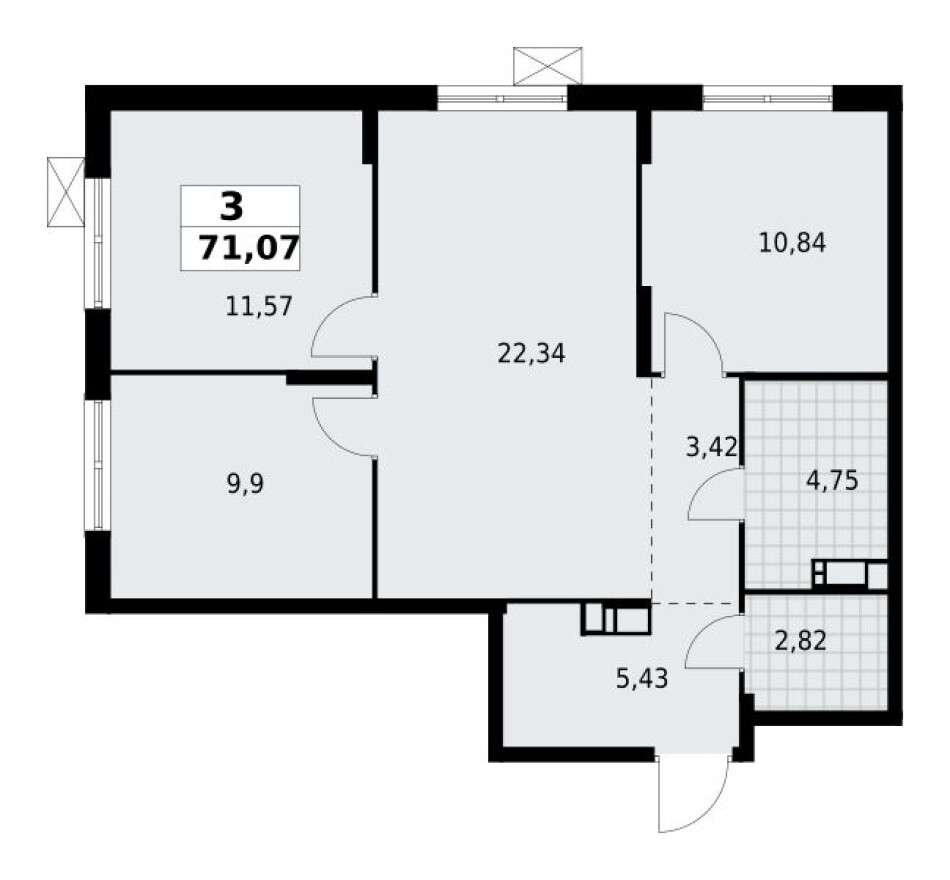 Планировка — 3к. квартира, 71.1 м²