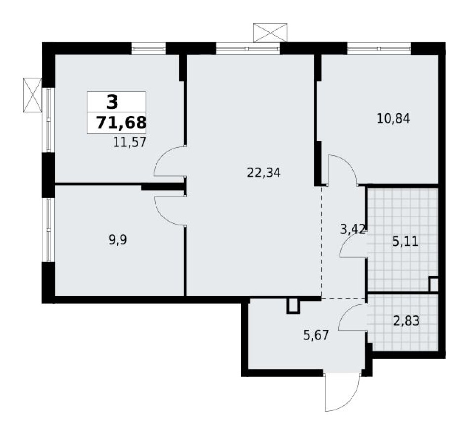 Планировка — 3к. квартира, 71.7 м²