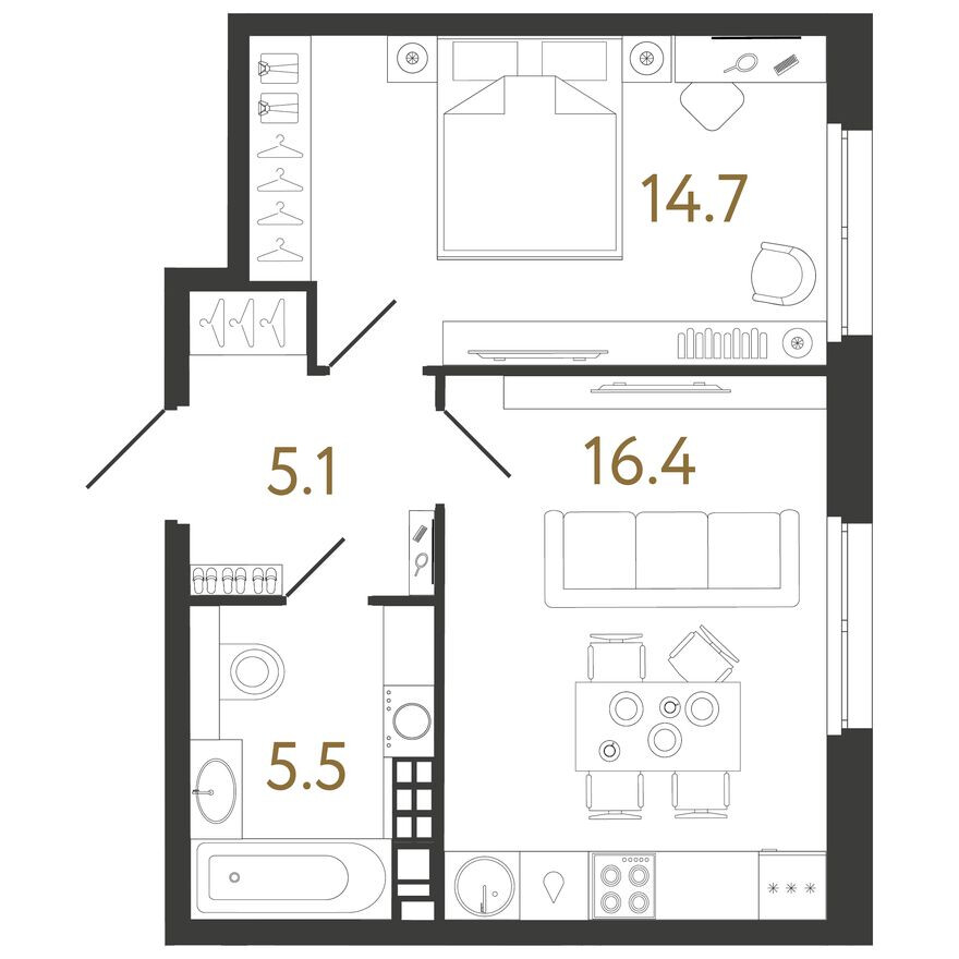 Планировка — 1к. квартира, 41.7 м²